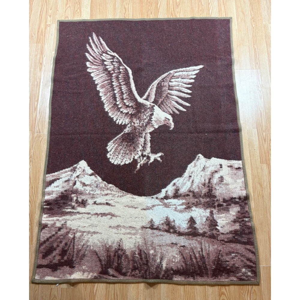 Vintage Bald Eagle Mountain Acrylic Blanket Made in Spain Burgundy Brown 72x54
